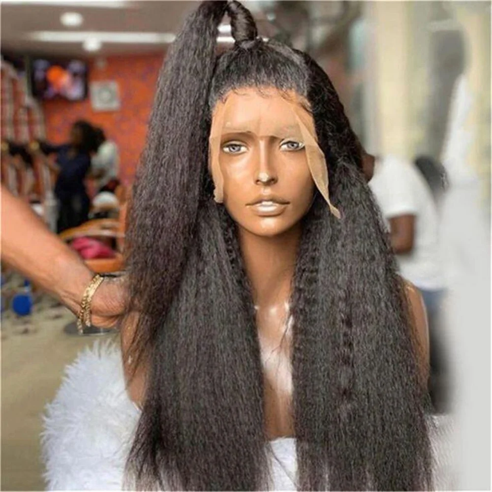 Peluca con malla frontal para mujer, pelo largo de 26 pulgadas, sin pegamento, 180 de densidad, Yaki negro, liso y rizado, con pelo de bebé prearrancado para uso diario