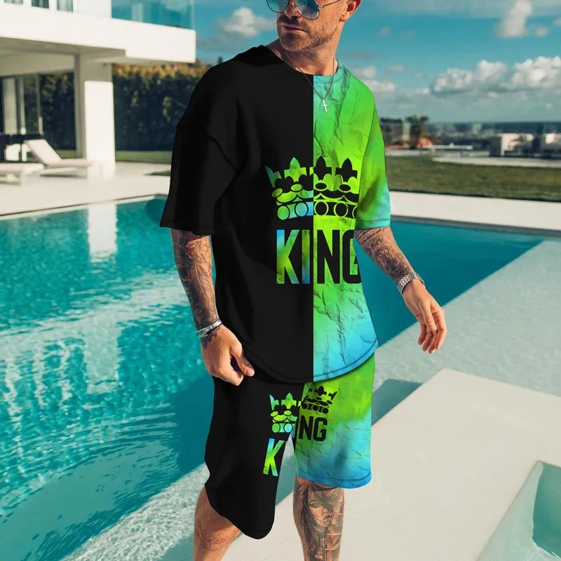 3D Printed King Letter Men T-Shirts Shorts Sets Men\'s Fashion Tracksuits Oversized Short Sleeve T Shirt Pants Set Men Clothing