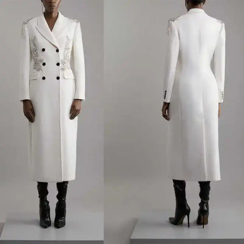 

Customized Women Long Blazer Dress Tassel Beading Double Breasted Jacket Prom Birthday Party Formal Wear Outfit One Piece Coat