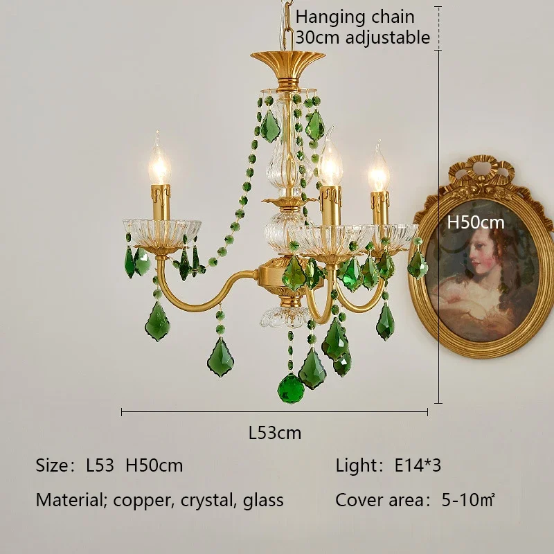 Franse retro kristallen kroonluchters, geschikt voor de woonkamer, eetkamer, slaapkamer en studeerkamer, luxe hanglampen met kaarsen, groene kristallen hanglamp.
