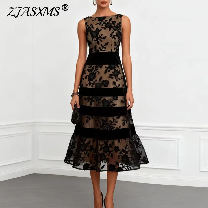 Image of Elegantes Damenkleid mit Rundhalsausschnitt und Spitze, Langes Frühlingskleid mit Blumenmuster, Formelles Abendkleid, Ärmelloses Sommerkleid, Schmales A-Linien Boho-Kleid