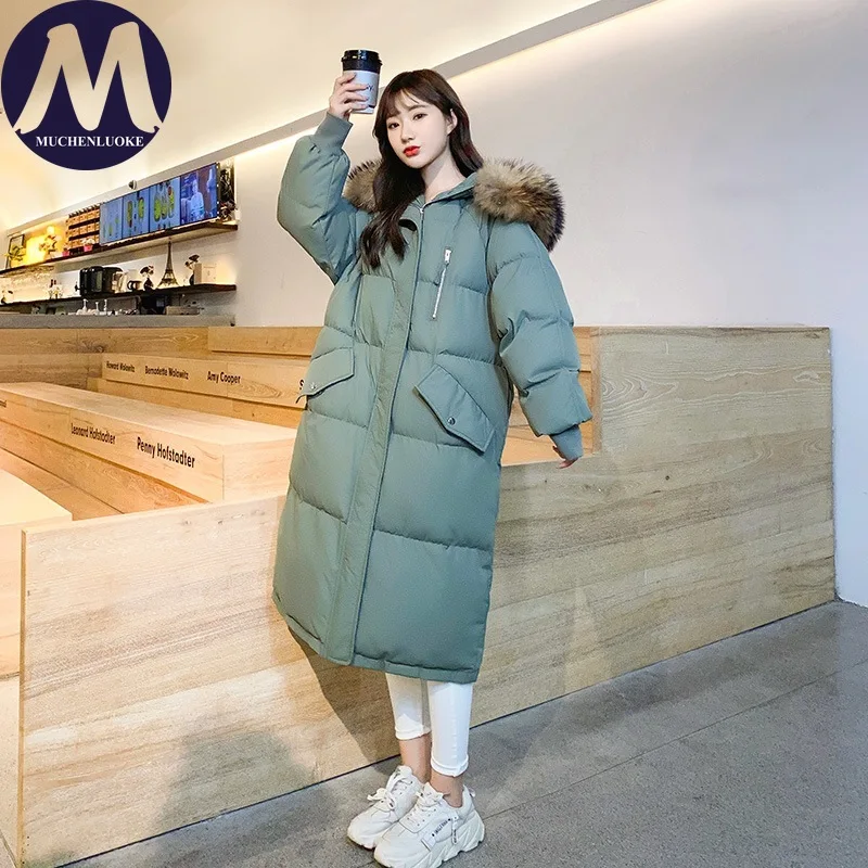

Women's Elegant Hooded Winter down Jacket with Fur Collar Korean Fashionable Casual Loose Warm Thick Parkas Coat