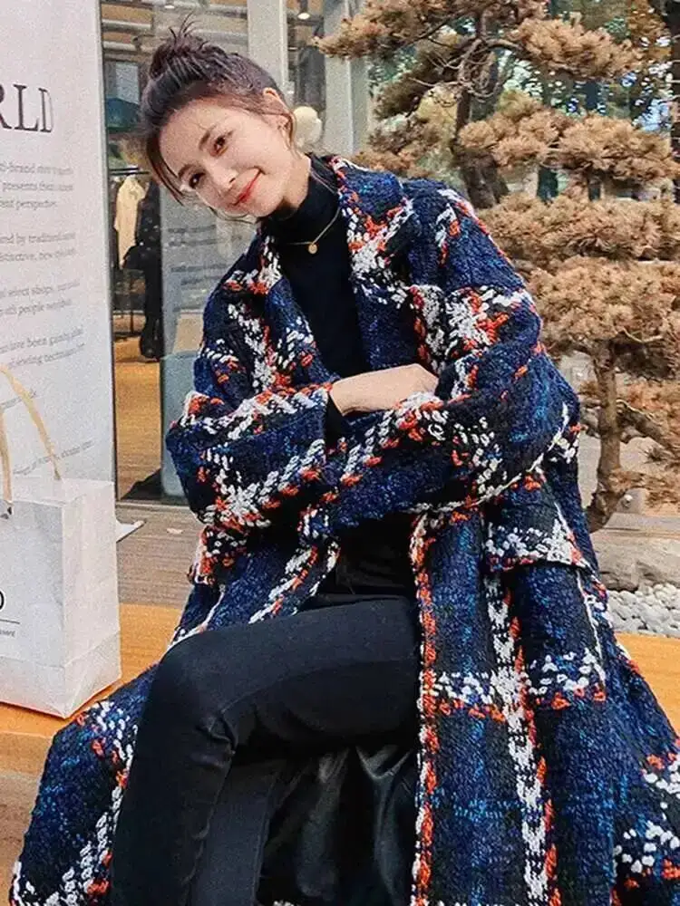 Woolen Contrasting Plaid Coat Women Notched Collar Loose Straight Medium Long Fashion Overcoats Streetwear 2KLYV