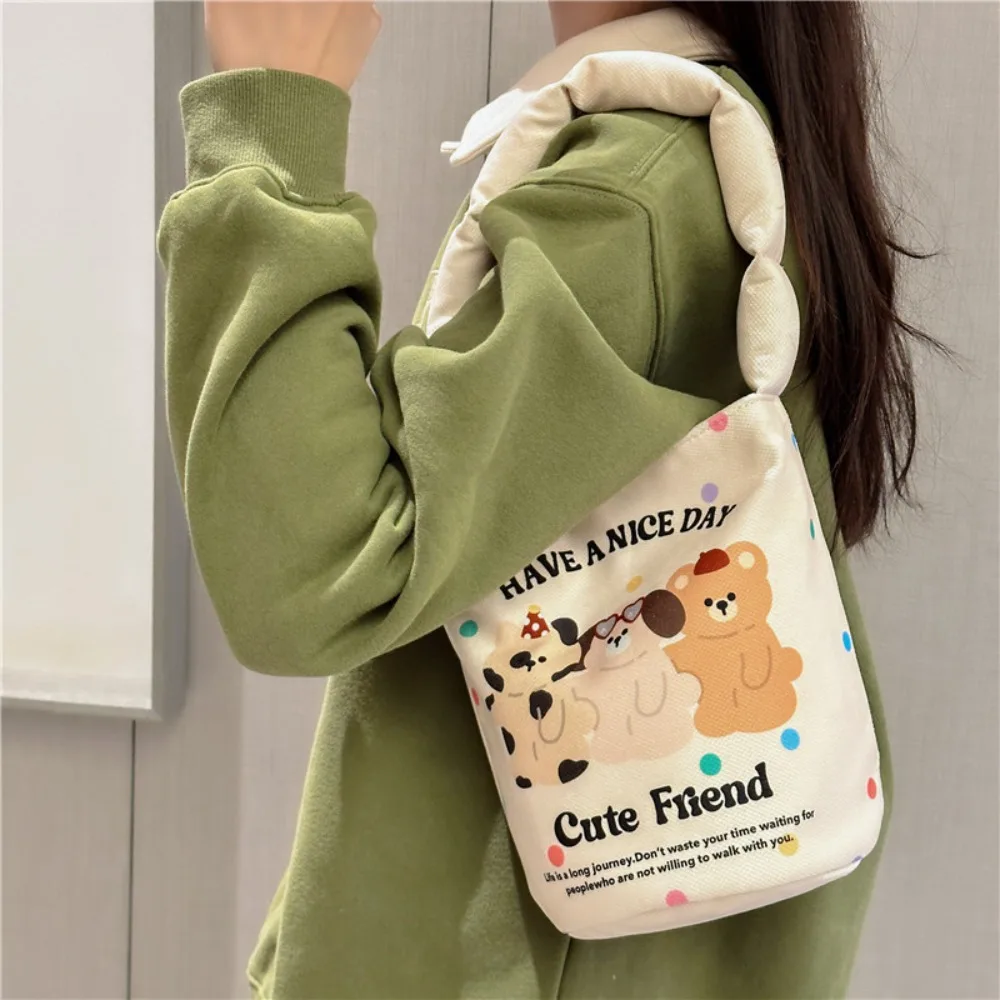 Cartoon Graffiti Print Bag Large Capacity Canvas Cute Bucket Lunch Bag Snap Handbags Shopping Bag Cosmetics Storage Handbag