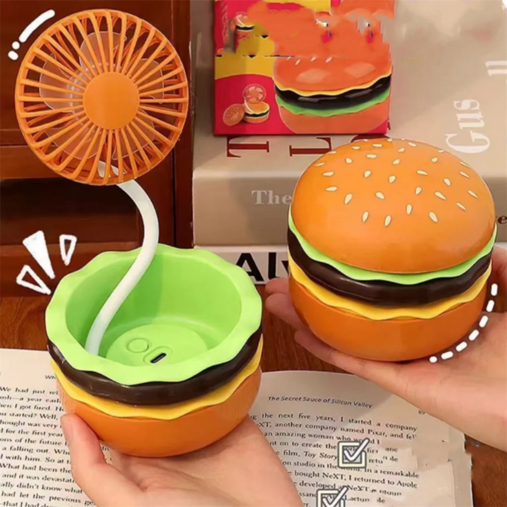 Ventilador eléctrico de hamburguesa de dibujos animados, ventiladores portátiles de bolsillo, miniventilador recargable por USB con caja de almacenamiento de espejo de belleza
