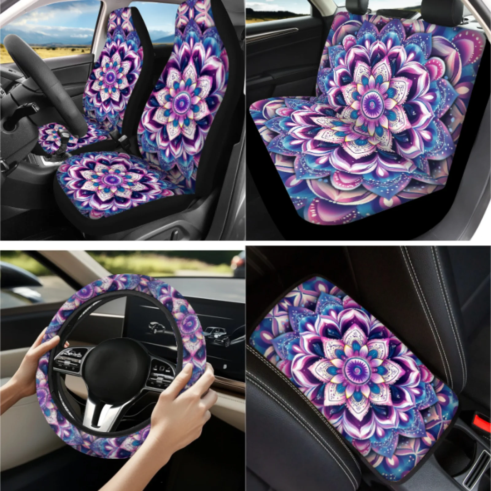 Coloranimal Mandala Floral 13 PCS Set Car Seat Cover Set with Comfortable Coasters and Key Chain for Auto Interior