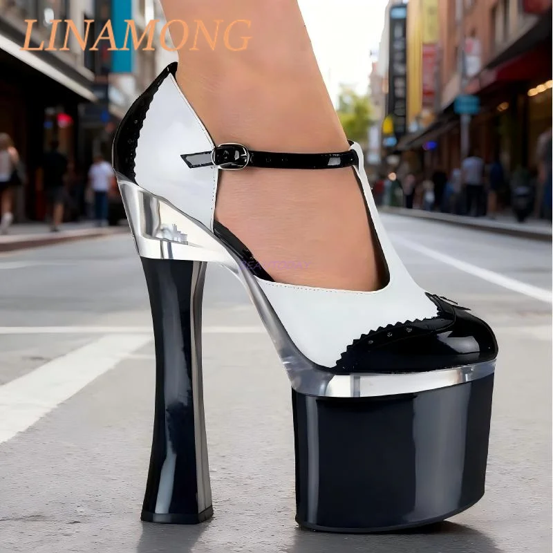

Thick Soled Platform Super High Heels Pump Black and White Color Blocked Ankle Buckle Design Thick Heel High Heels