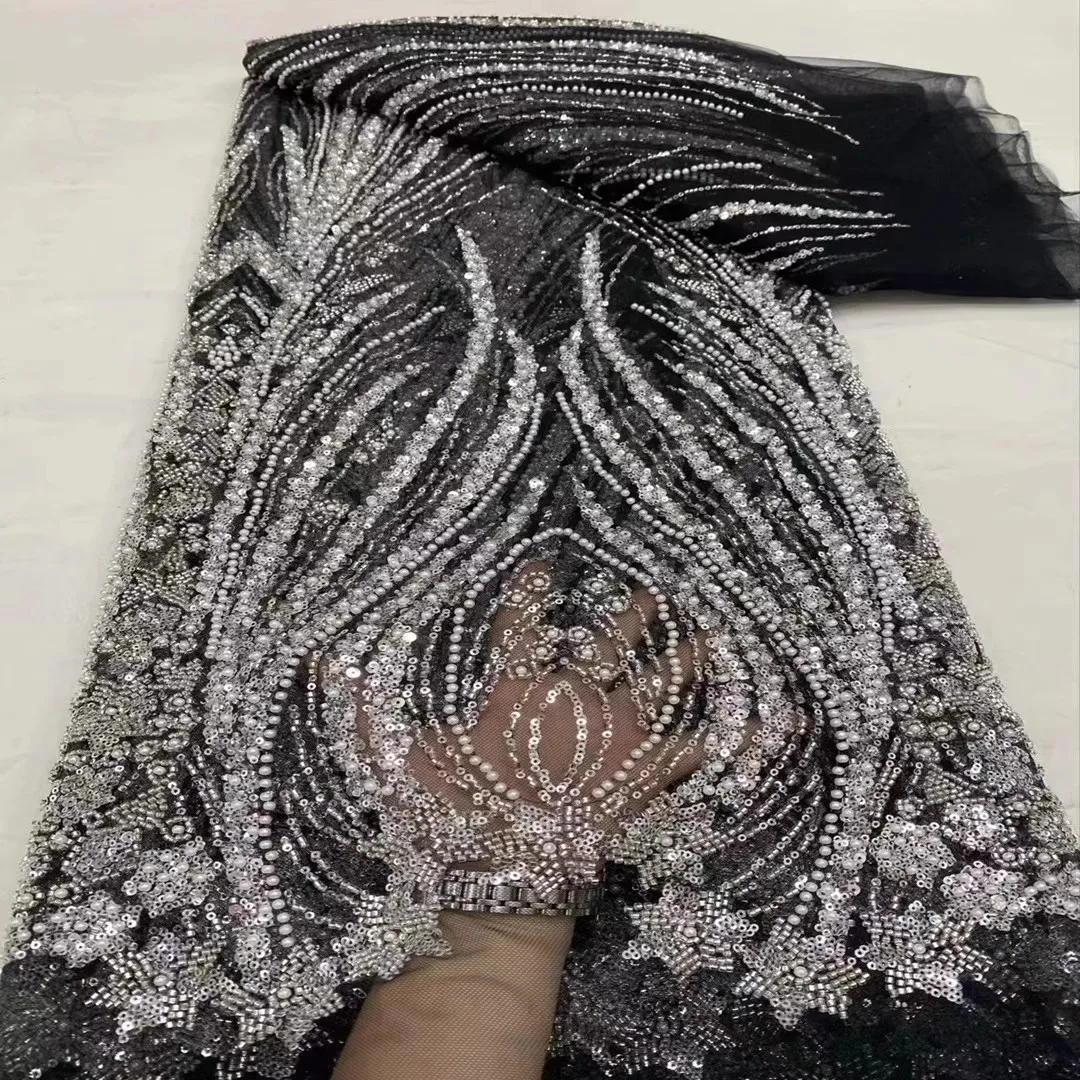 

New Luxury Nigerian Sequins Lace Fabric High Quality African Beads Lace Fabrics French For Wedding Party Dress Sewing Hot Sales