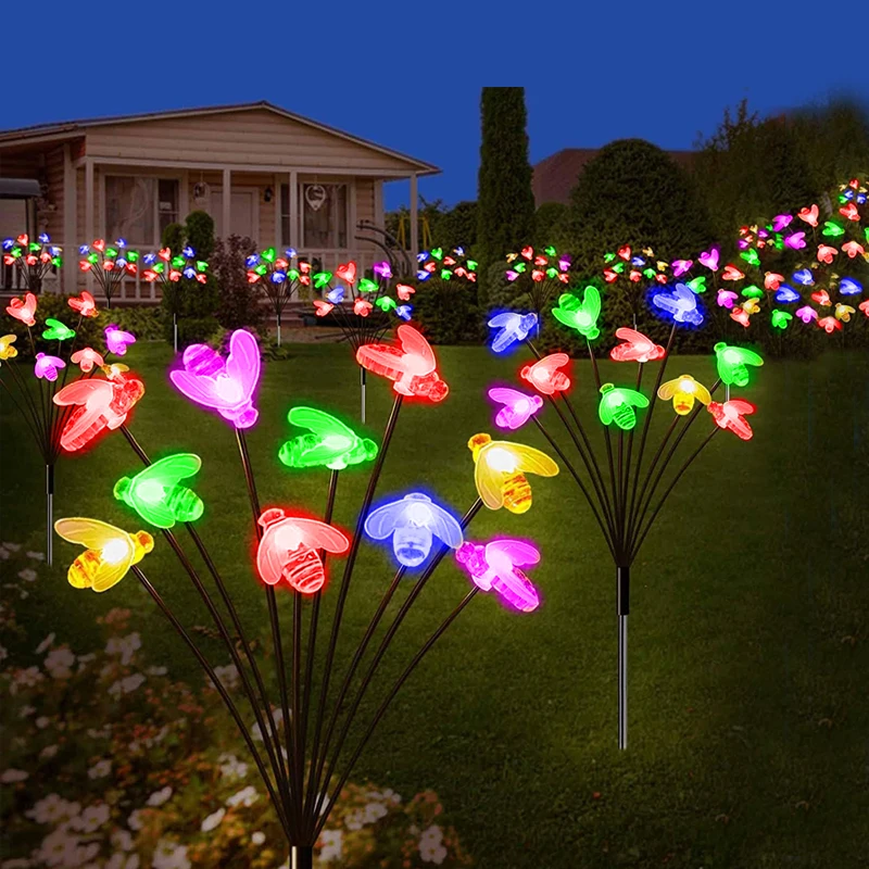 Solar Garden Lights Outdoor LED Waterproof Honey Bee Firefly Decoration Lawn Sway Lights For Yard Pathway Patio