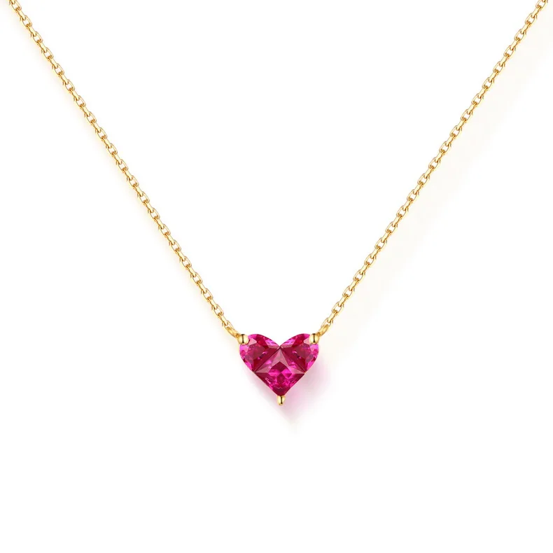 Lovely Red Heart Pendant Necklaces Genuine Solid 14k Gold Natural Corundum Necklace