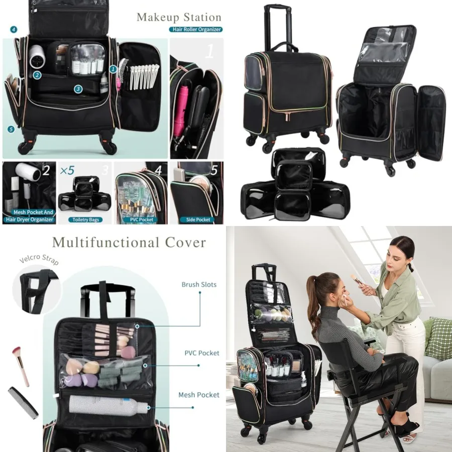 

Rolling Makeup Train Case, Professional Makeup Case, Travel Cosmetic Organizer Make Up Storage Bag for Makeup Artist, Hairstyli