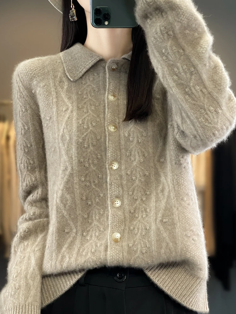 

Autumn Winter Women 100% Merino Wool Sweater Heavy Work Cable Stitch Cardigan Buttoned Shirt Collar Casual Cashmere Clothing