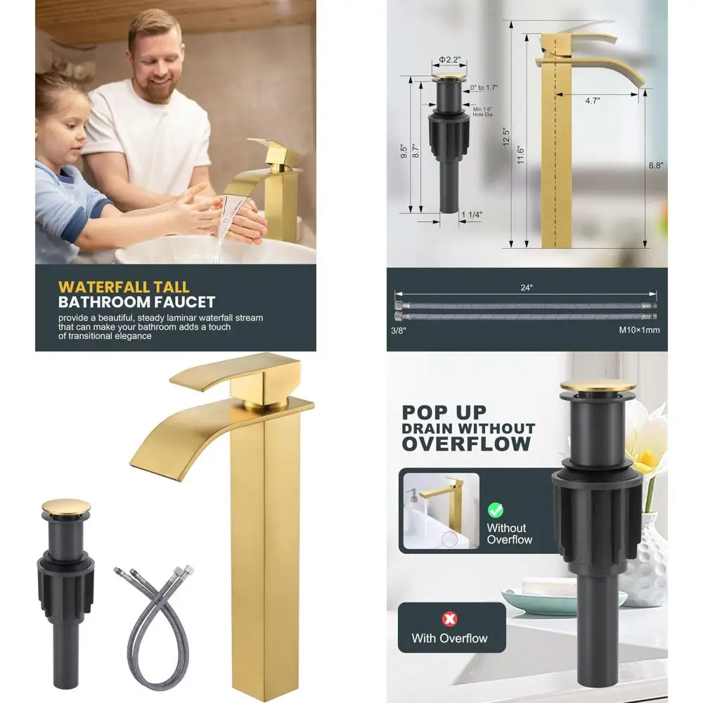 

Single Handle Brushed Gold Tall Bathroom Faucet with Pop-Up Drain & cUPC Supply Lines