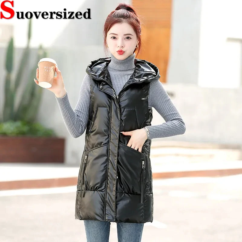 

Thicken Glossy Mid Length Vest Winter Warm Down Cotton Waistcoat Korean Women Sleeveless Jackets Fashion Puffy Snow Wear Chaleco