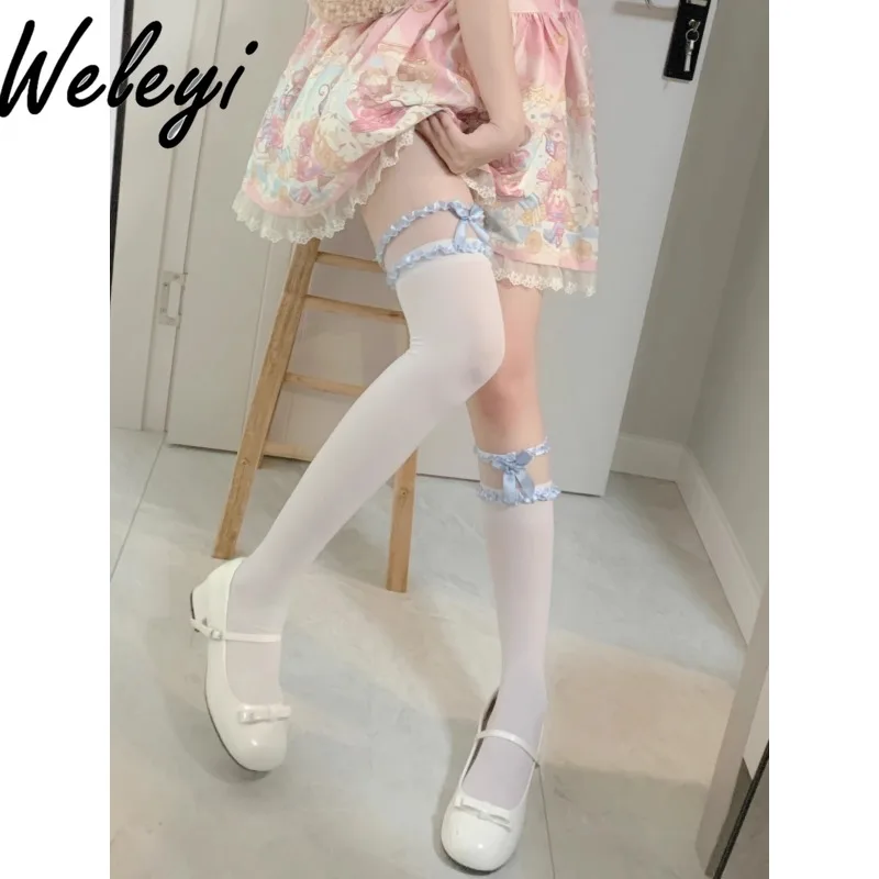 

Japanese Girl Jirai Kei Lace Bow Socks Woman Jk Calf Lace Socks Lolita Sweet Mesh Stitching Over Knee Thigh Stockings Female