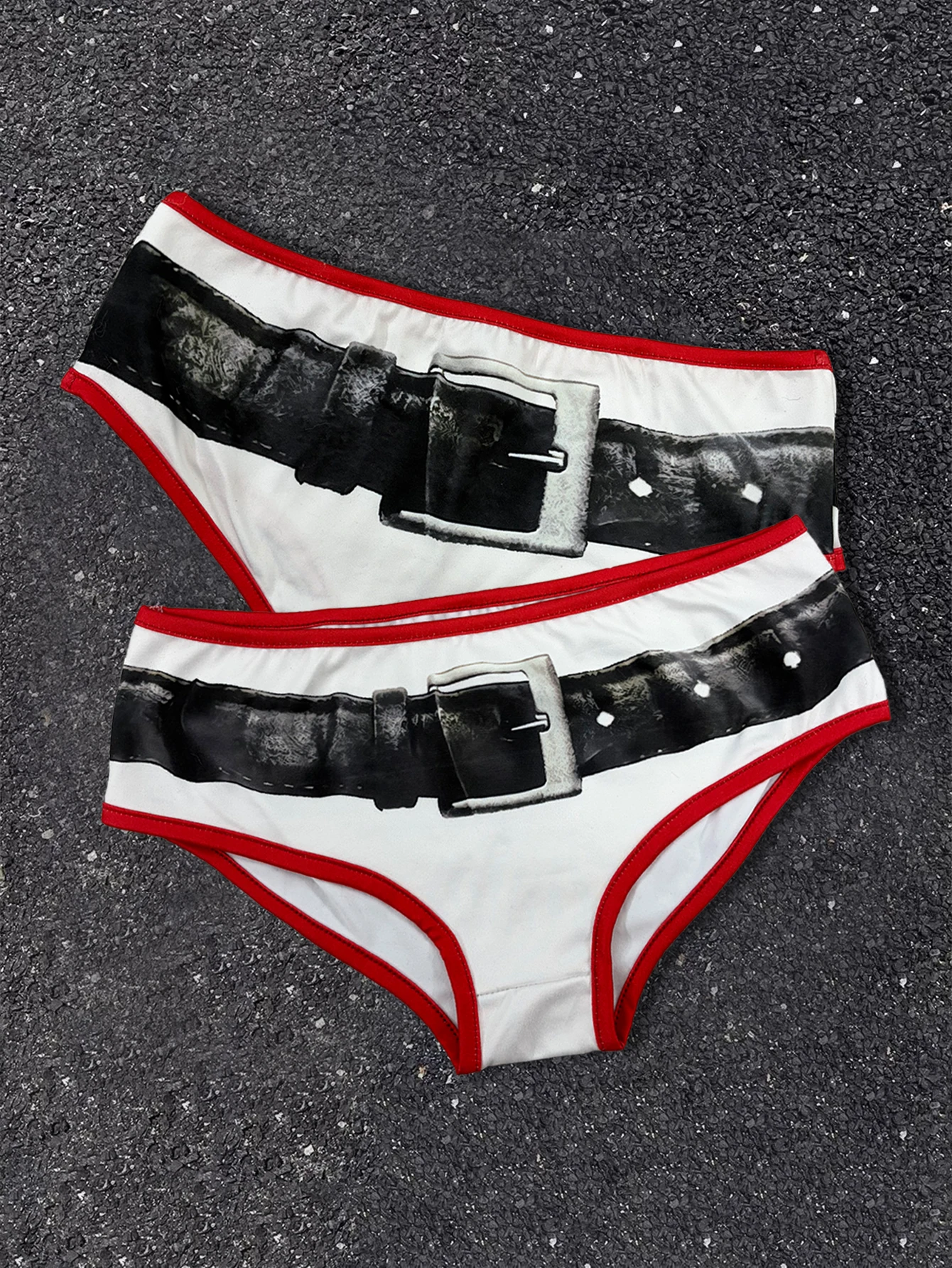 

Belt Print Red Contrast Trim Hipster Panty Women 2026 Fake Belt Graphic & Red Trim Detail Y2K Retro Cute Novelty Underwear