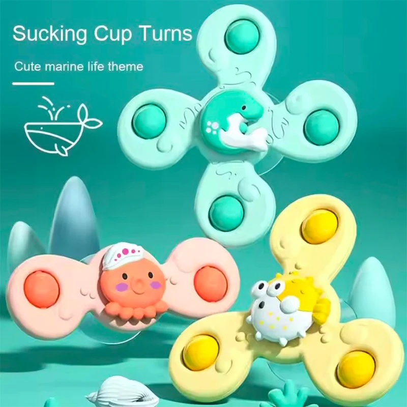 New Cartoon Spinners with Suction Rattles Fidget Baby Bath Toys Funny Bathing Sucker Cup Educational Toys For Children Fish Toy
