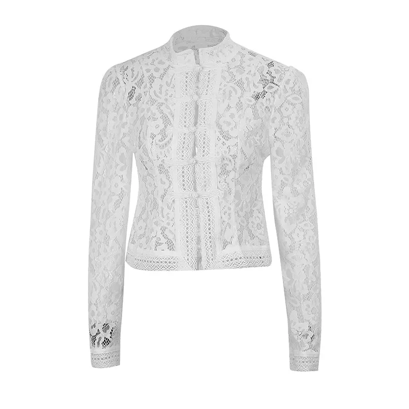 여성용 레이스 프린트 셔츠 탑 봄 신상 긴팔 홀로우 아웃 싱글 브레스티드 패치워크 블라우스 여성 패션 슈러그 셔츠