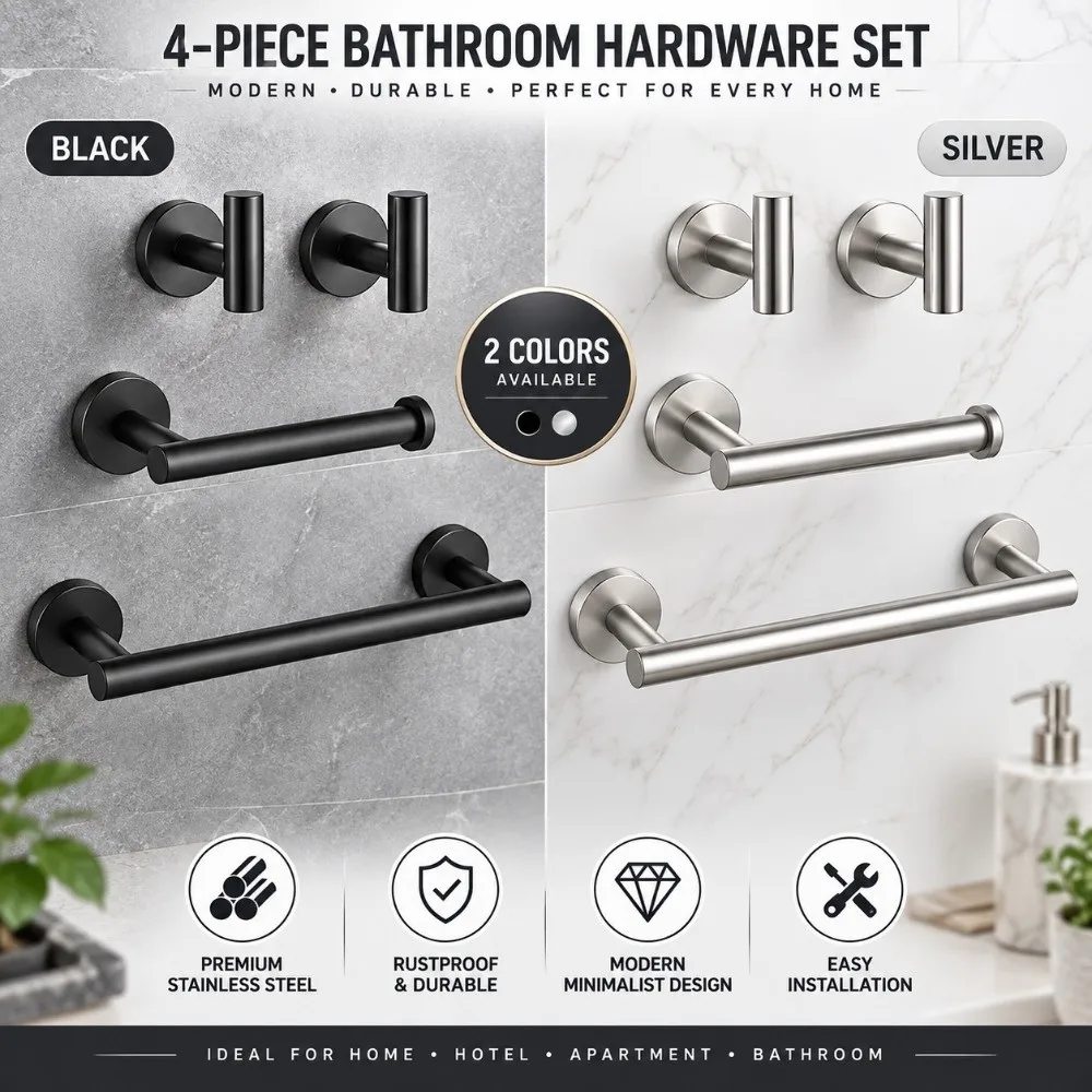 304 Stainless Steel Bathroom Hardware Set Easy Installation Multifunctional Towel Bar Set Space Saving Black Silver