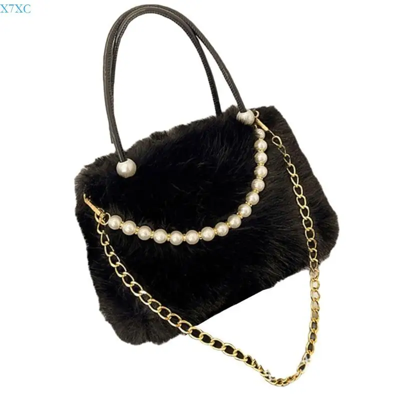 

X7XC Luxurious Furry Bag With Pearls Accent Shoulder Bag Handbag For Stylish Women