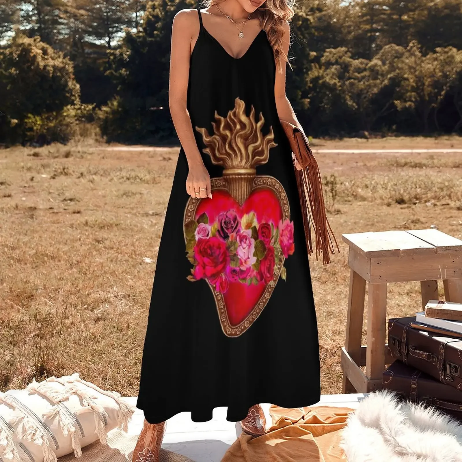 Corazón inmaculado rojo-vestido sin mangas con corazón sagrado, ropa de mujer, ropa de fiesta, vestido