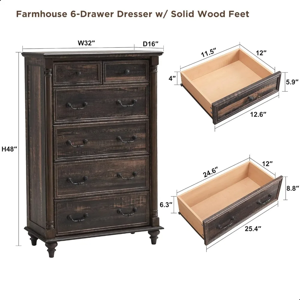 Farmhouse 6 Drawers Dresser Chests for Bedroom w/4 Solid Wood Feet & Column Decor, Tall Wood Country Rustic Chest