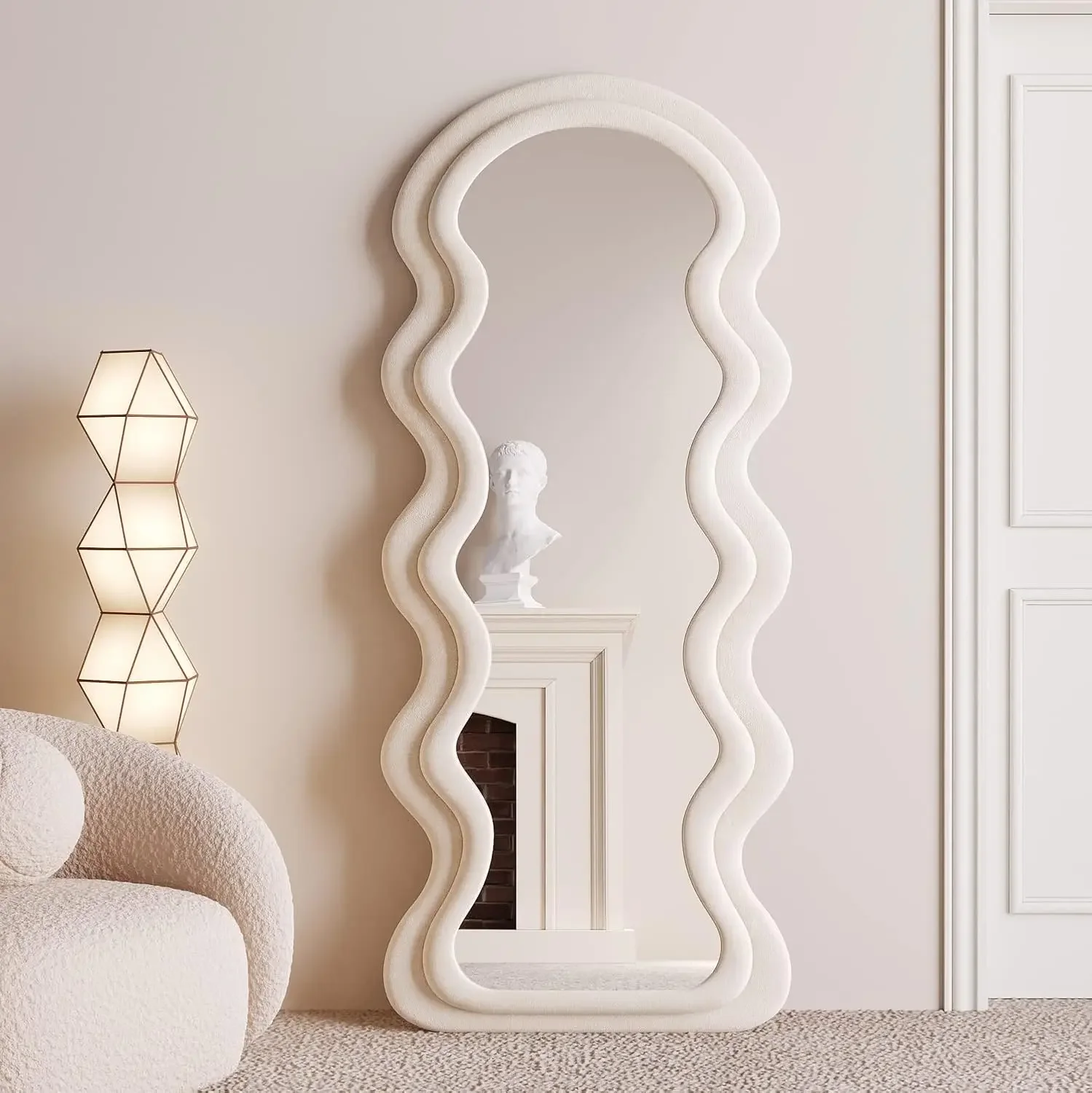 Full Length Wavy Arched Mirror, 63x24in, Wall Mount/Standing/Leaning - White