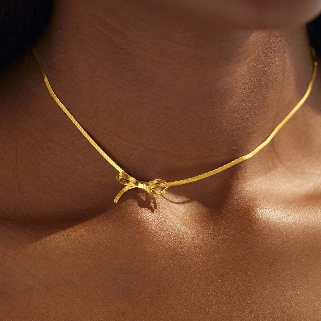 Stainless Steel Snake Bone Chain Necklace Women\'s Fashion Bow Water Drop Collarbone Necklace Exquisite Party Jewelry Girls Gift