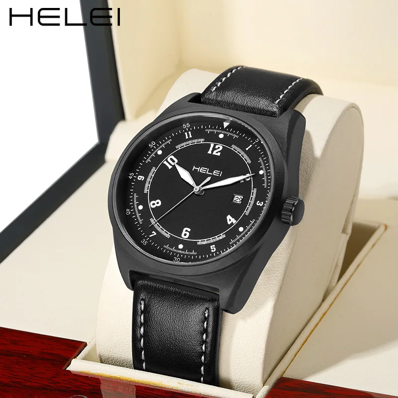 HELEI brand new foreign trade cross-border large dial leather quartz watch men's fashion watch**