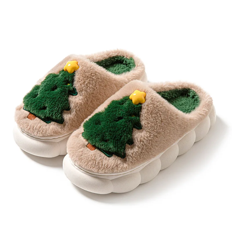 Christmas Tree Fluffy Cute Slippers Cartoon Winter Couple  House Warm Shoes Designer Flat Casual New Year's Gift