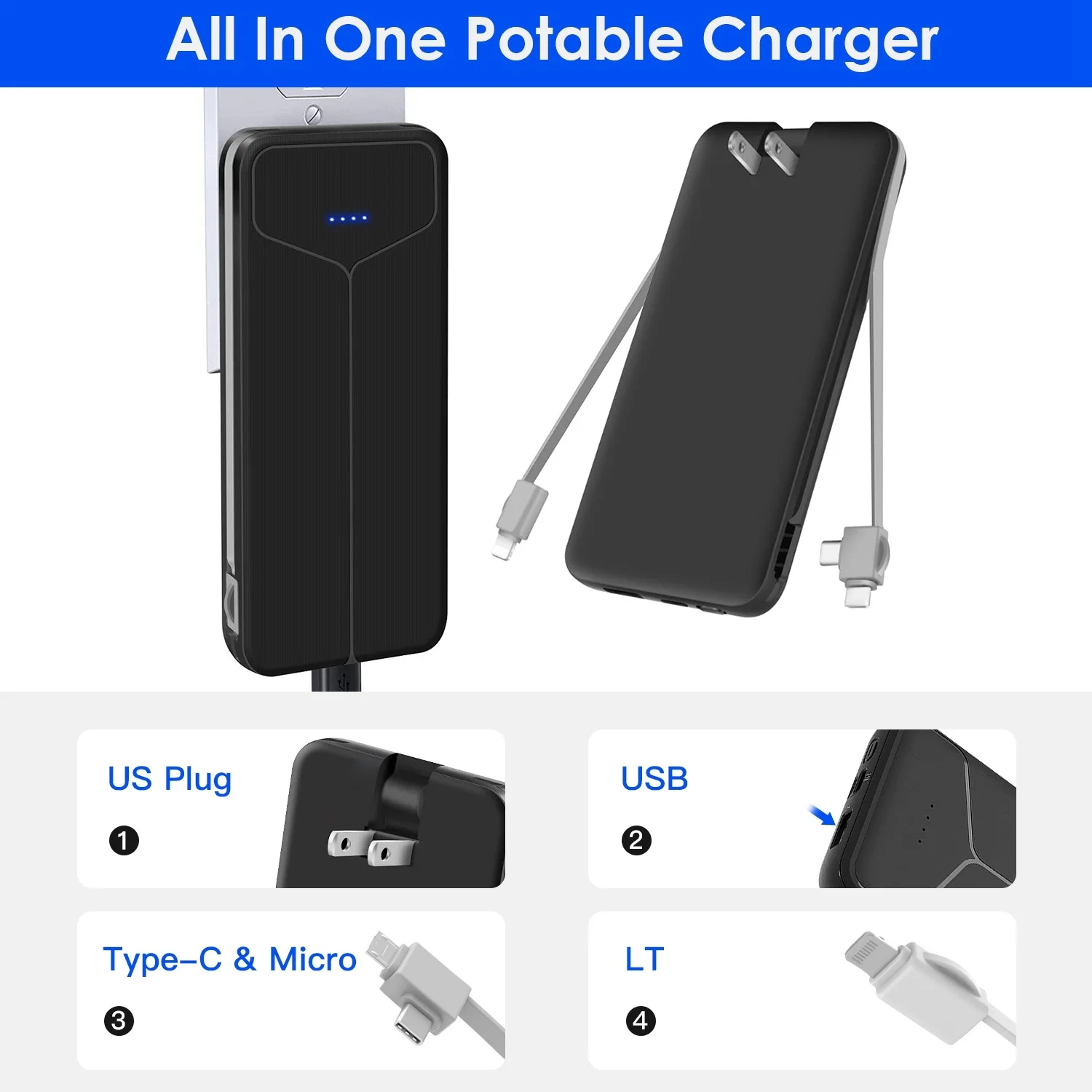 10000 mAh Power Bank Draagbare oplader 2 ingebouwde kabels Externe batterij met 4 uitgangen 3 ingangen Power Bank