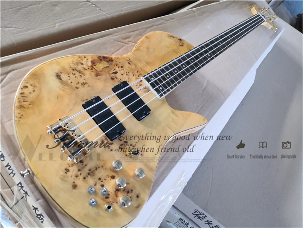 4 string bass guitar ASH wood body burl maple veneer independent bridge  rosewood frets pearl inlay gold button fode bass