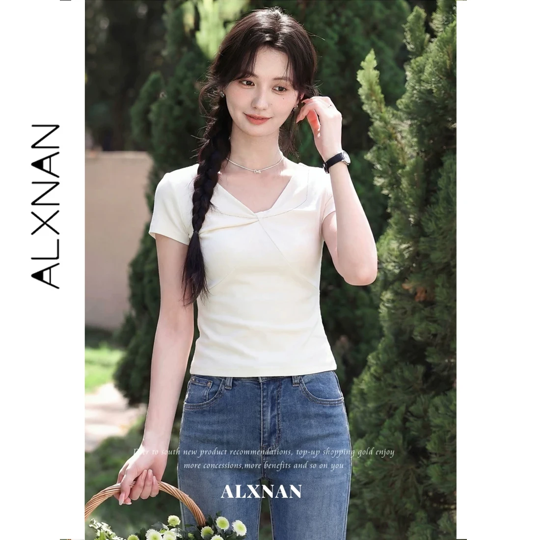

ALXNAN Women's T-shirt Summer 2026 V-neck Twist Design Short Sleeve T-shirt Casual Basic Tops Elegant Ladies Clothing L63211