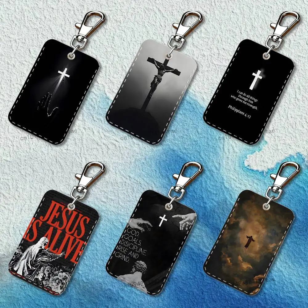 Jesus Bible Verse Christian Rectangle Access Card Case Leather Card Holder Keychain Key Ring Transportation Card Case