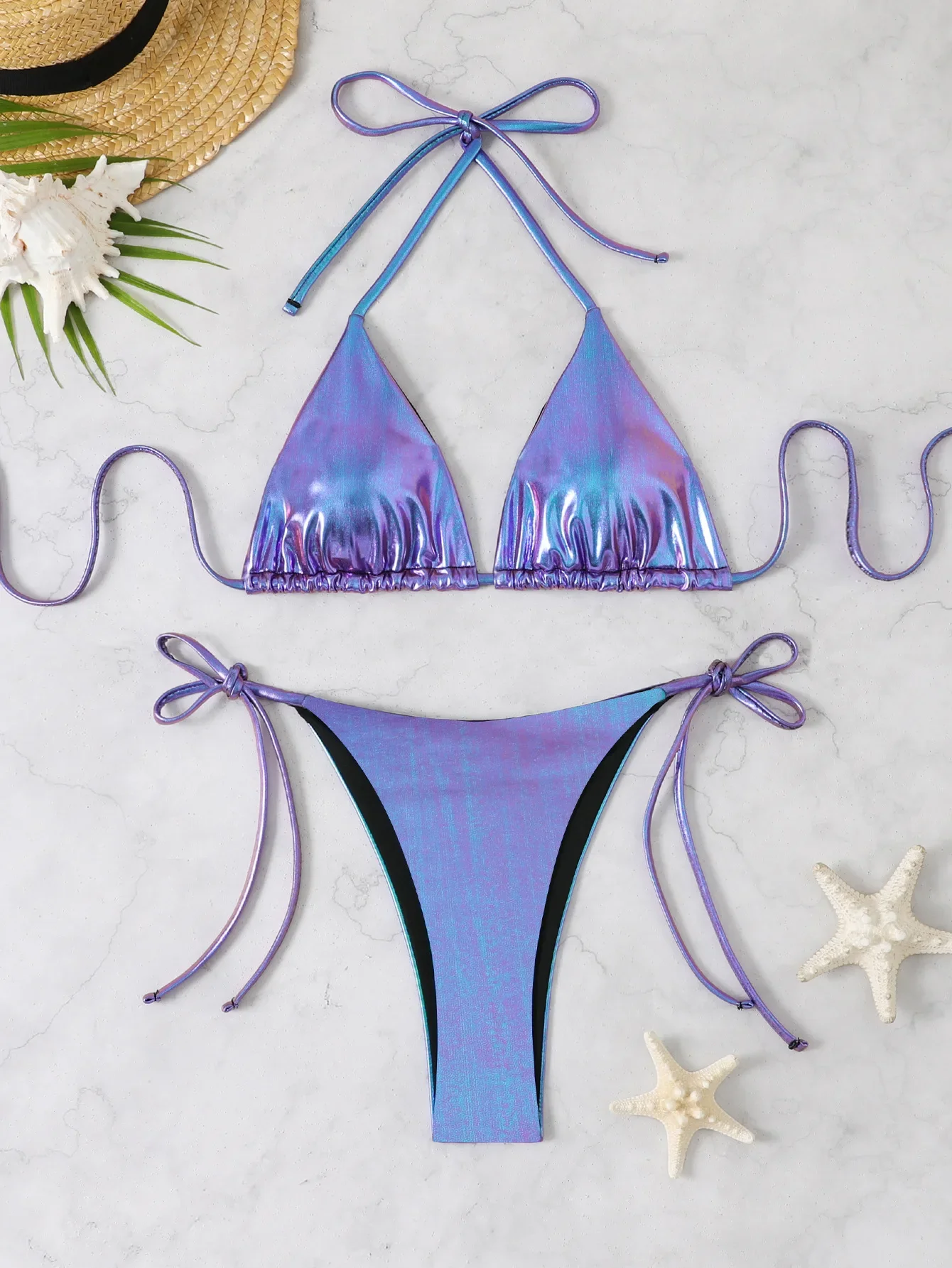 

Sexy Metallic Glitter Halter Tie Micro Bikinis Sets Two Pieces Solid Thong Bandage Swimsuit Bathing Suit Swimwear Biquini
