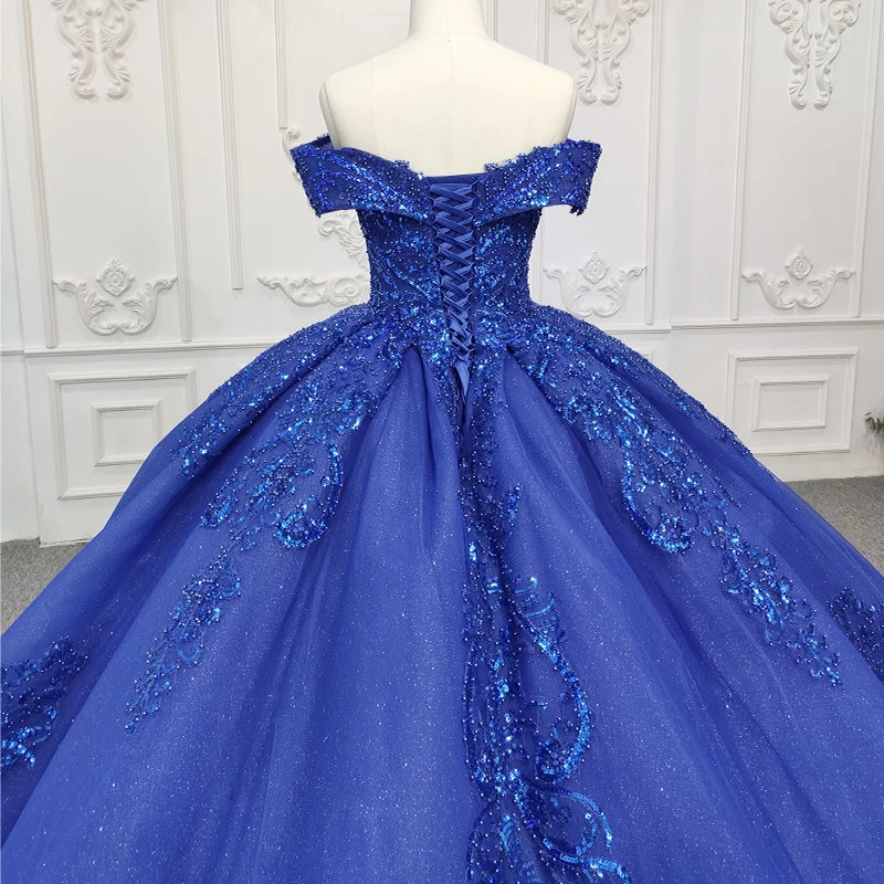 Exquisites romantisches Quinceanera-Kleid für Mädchen, blaues, trägerloses, schulterfreies Ballkleid mit Schnürung und Pailletten