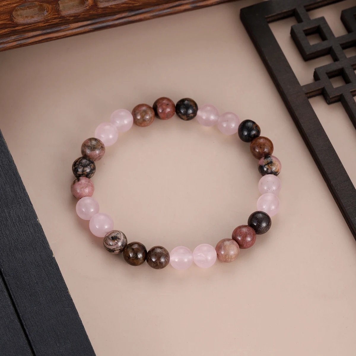Fashion Natural Black Line Rhodonite Stone Bracelet Handmade Yoga Healing Wristband Jewelry for Women Men Simple Jewelry Gift