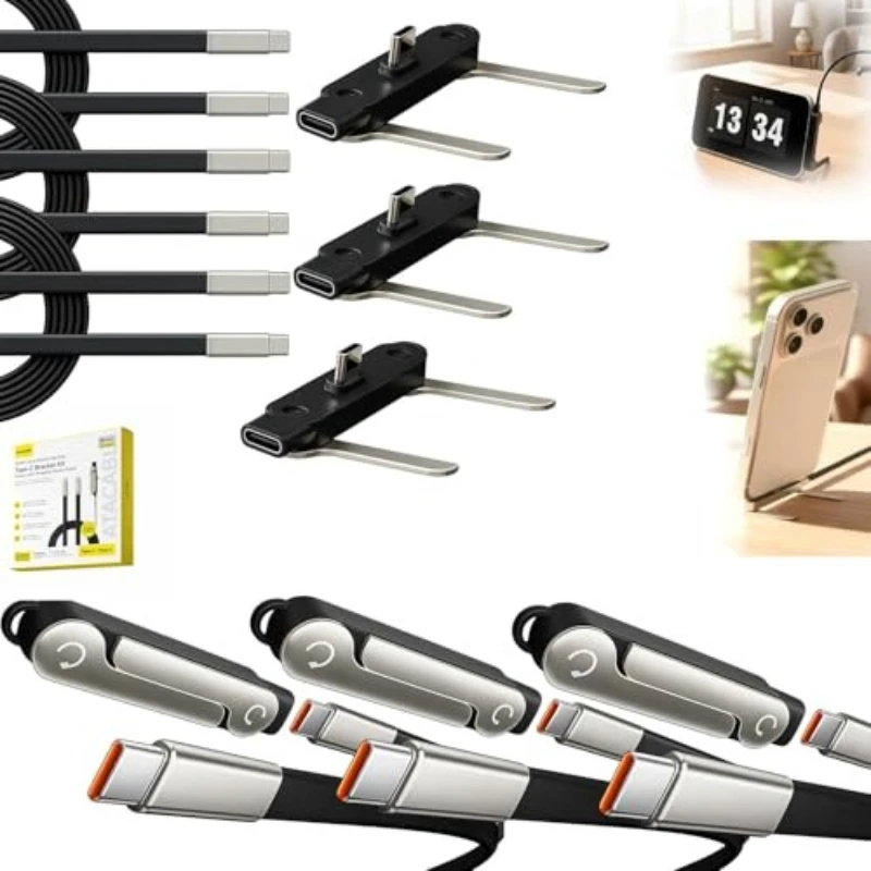 Cabo de Dados Tipo-C para Tipo-C 2 em 1 Preto/Laranja de 240W com Carregamento Rápido e Suporte Dobrável para Celular/Tablet