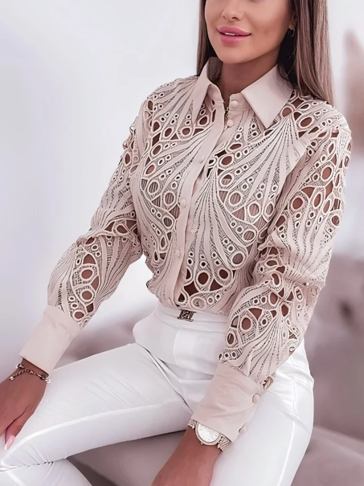 2025 Women\'s Shirts & Blouses Elegant Sexy Hollow Out Turn Down Neck Solid Blouse Camisas De Mujer White Lace Shirt Women