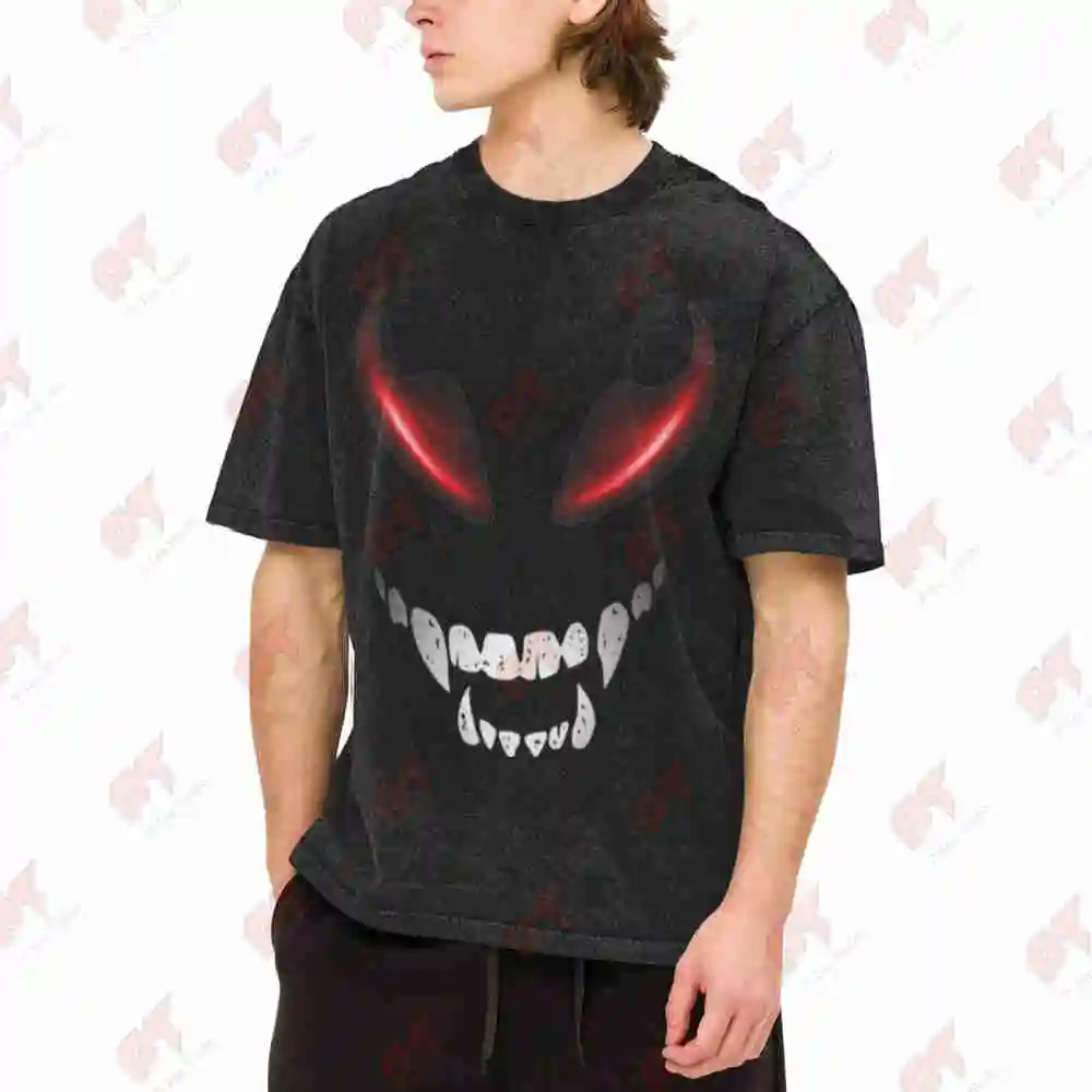 Devil Smile Red Eyes Sharp Gothic Vintage Washed Tee Pure Cotton T-Shirt