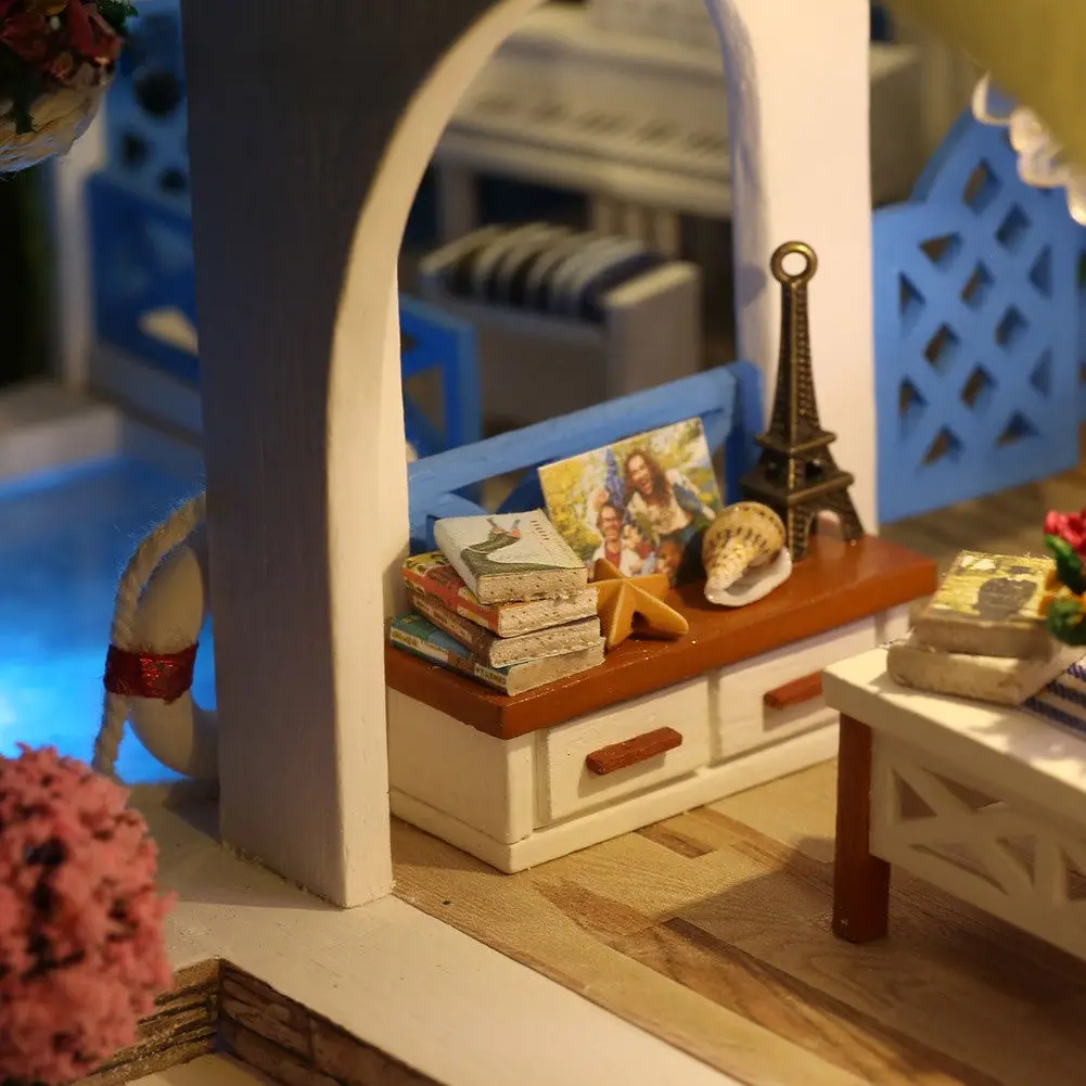 DIY الأزرق الأبيض مدينة فيلا 3D لغز خشبي الساحلية نمط اليدوية التجمع نموذج منزل مصغر هدية عيد ميلاد الإبداعية #5