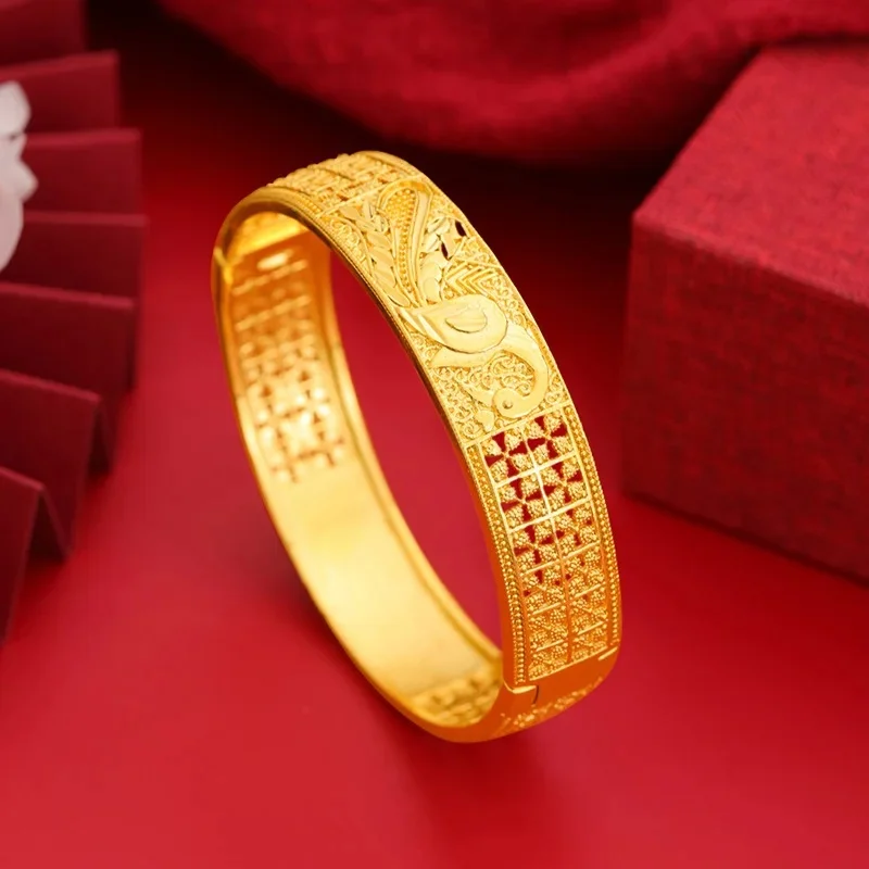 Luxury 24K 9999 Pure Gold Women's Bracelet Hollow Carved Vintage Bracelet Peacock Open Screen Snap Bracelet