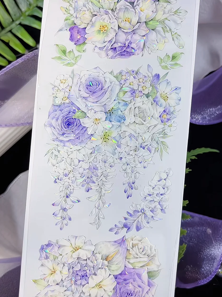 Listening Wind PET Shell Light Floral Bouquet Blue Green Purple Daily Life Washi Tape for Journaling Scrapbooking