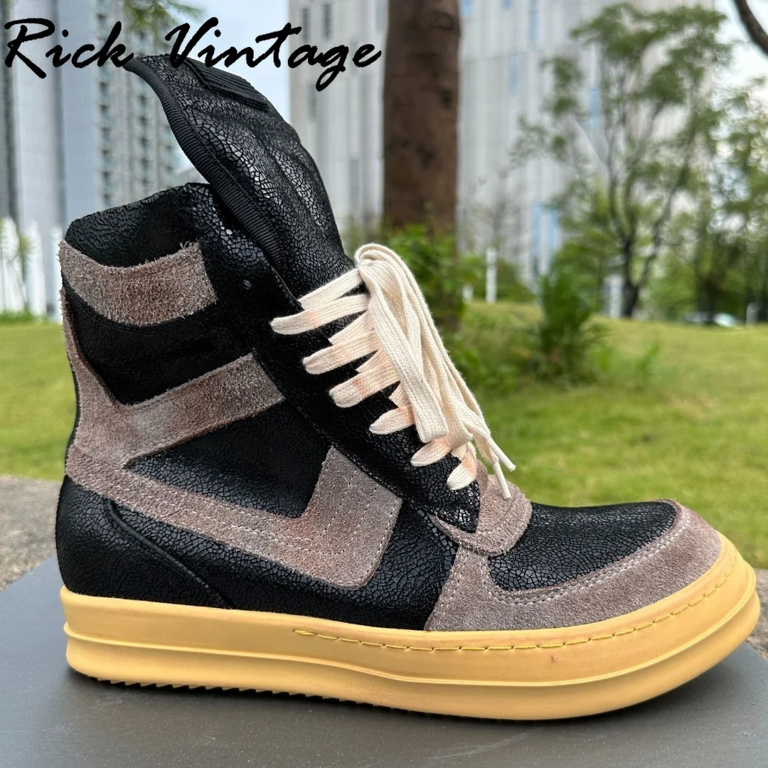 Rick Vintage Quality Men Genuine Leather High-top Ankle Boots Mixed Colors Lace-up Platform Shoes Women Designer Brand Sneakers