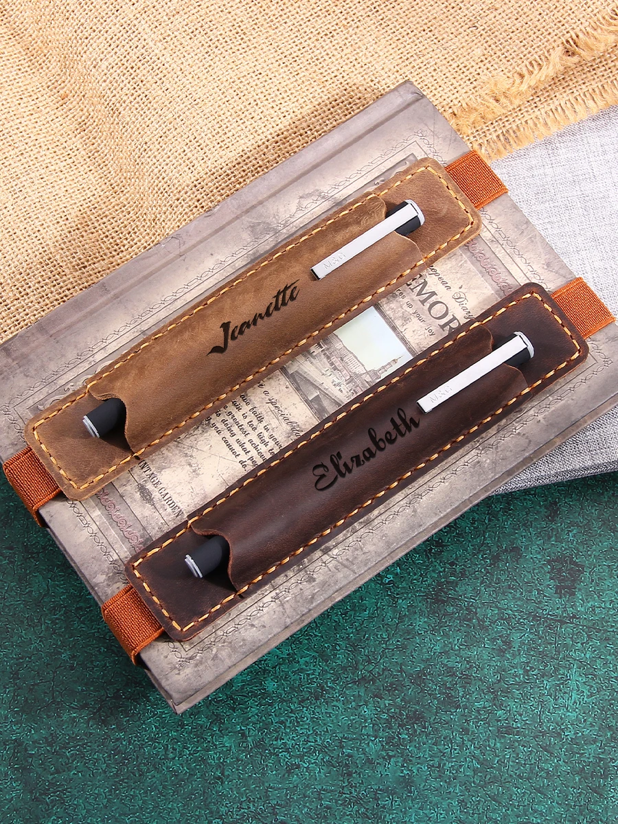 Handmade Genuine Leather Pen Holder with Engraved Name,Customized Quality Pen Sleeve for Storage Pencil Protective Sleeve Cover