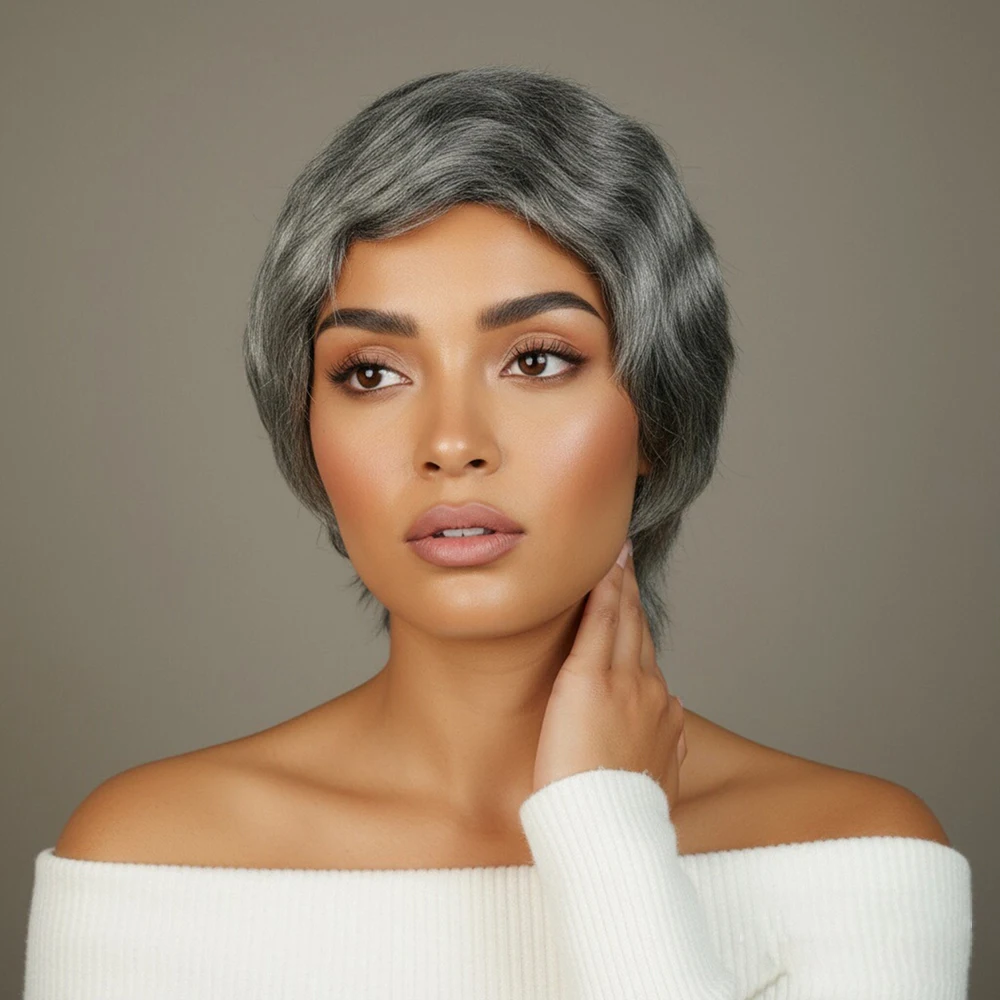 Серый Finger Wave Curly Short Pixie Cut Парик Бразильские человеческие волосы Парики для женщин Полный машинный короткий вьющийся парик из 100% человеческих волос