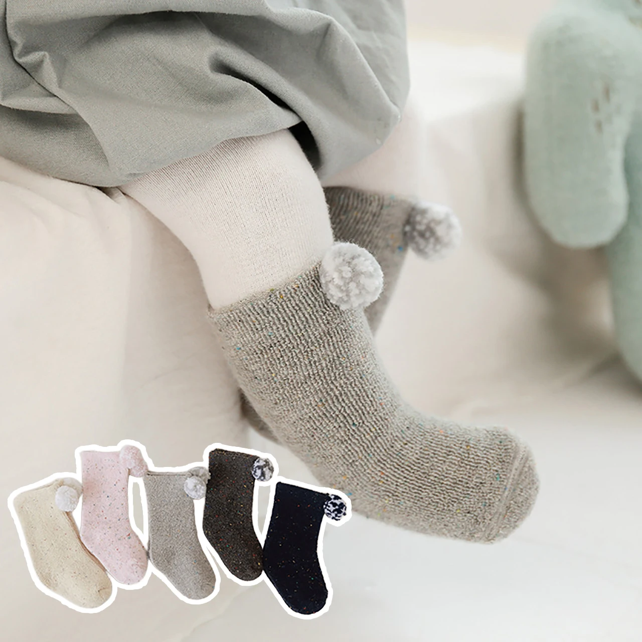 Winter Warm Newborn Plush Socks Thick Fleece-lined Toddler Calf Sock Cute Pom-Pom Baby Long Socks 0-6Month Kids Thermal Footwear