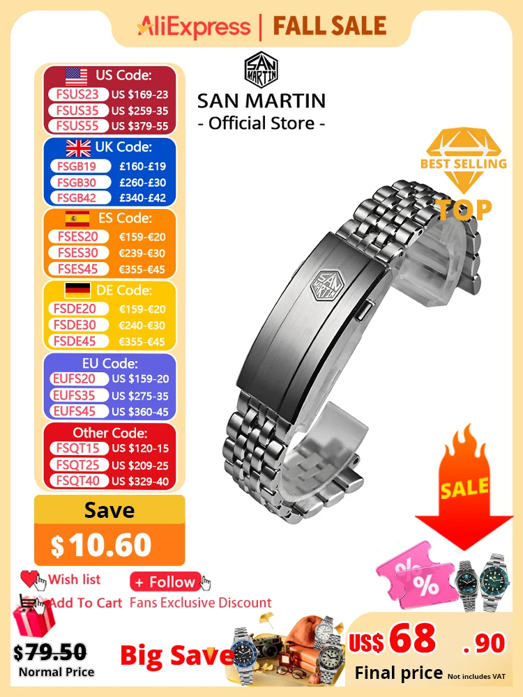 San Martin SN0144 Bracelet 316L Stainless Steel 3 Links 5 Links J Style Bracelet OTF Adjustable Clasp Watch Parts For 20mm Band
