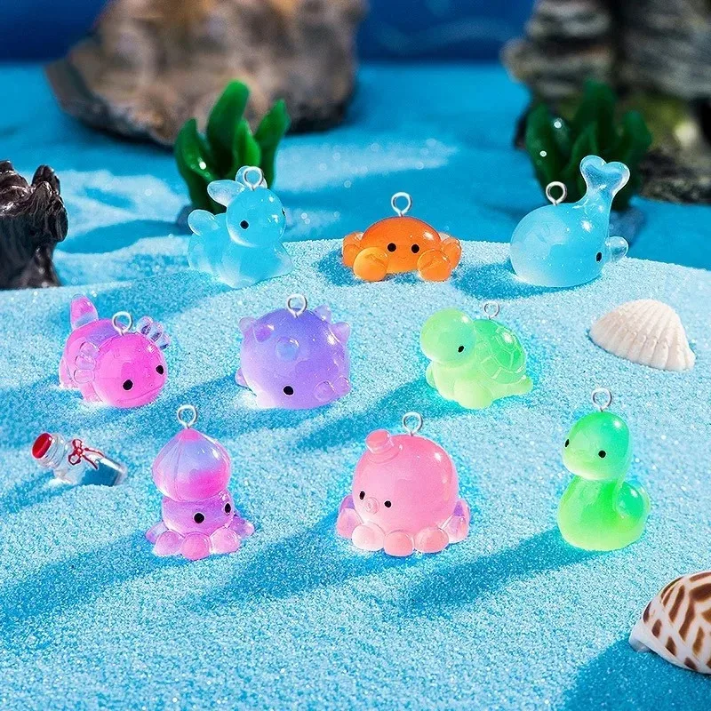 10Pcs Luminous Marine Creature Resin Charms Dolphin Seal Sea Lion Turtle Octopus Pendants DIY Findings For Jewelry Making