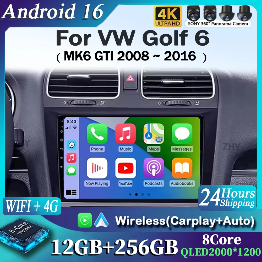 

Автомагнитола Android 16 для Volkswagen VW Golf 6 MK6 GTI 2008-2016, беспроводной Carplay, автомагнитола, автомобильная мультимедиа система, 4G, DSP, RDS, WIFI, 2 Din